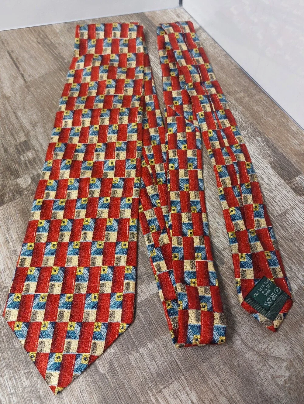 Italia Red Checked Pattern Men’s Tie with Blue and Cream Accents